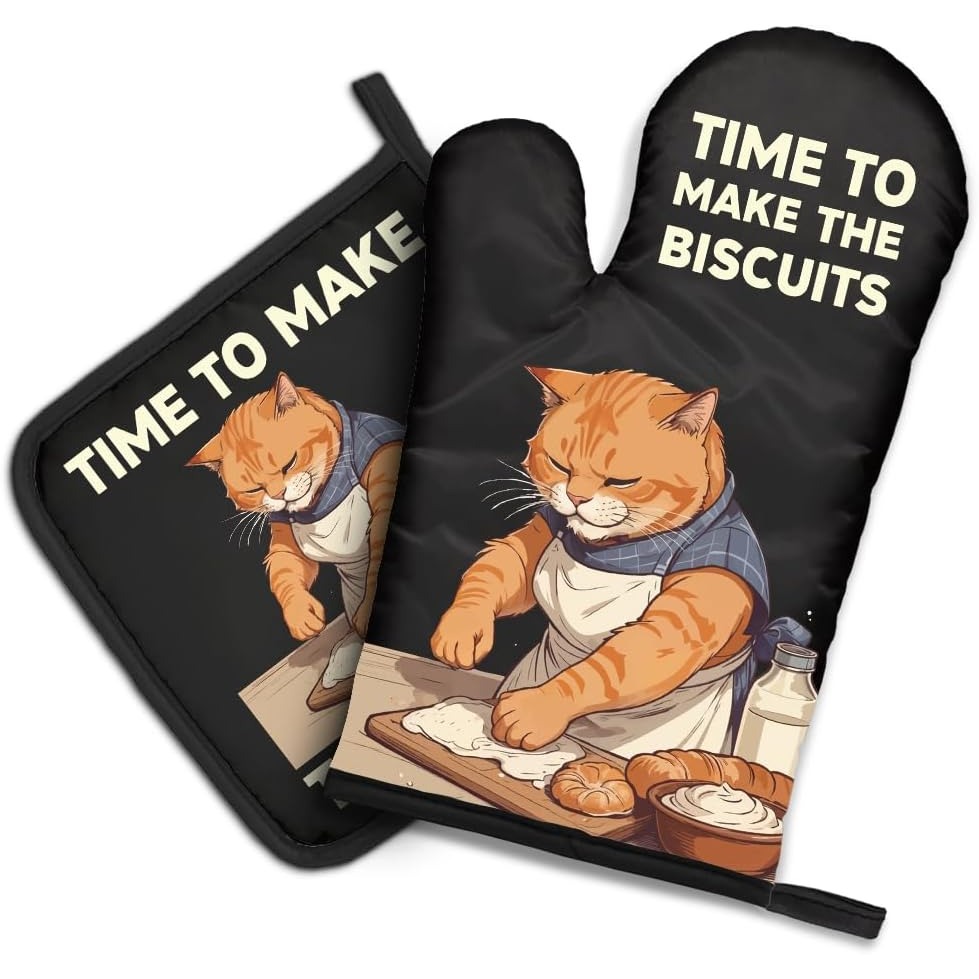 Kitchen Gadgets For Dad - ชุดถุงมือกันความร้อนและที่รองหม้อลายแมวตลก The Biscuits, อุปกรณ์ครัวน่ารักสำหรับคนรักสัตว์เลี้ยง, ของขวัญขึ้นบ้านใหม่สำหรับคุณพ่อคุณแม่ที่รักแมว